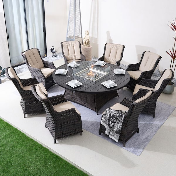 Ailbhe 9-Piece Brown Wicker Aluminum Outdoor Fire Pit Dining Set with Beige Cushions