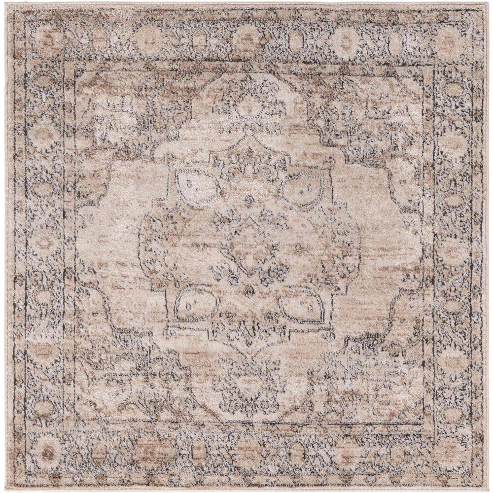 Modern Elegance Ivory & Gray Square Synthetic Area Rug, 4' x 4'