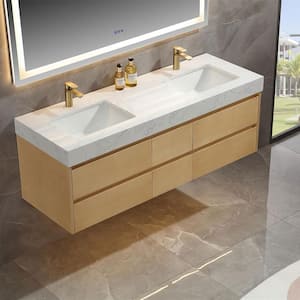 60 in. W x 20.7 in. D x 21.3 in. H Floating Bathroom Vanity in Natural wood solid/White Marble Countertop and Lights