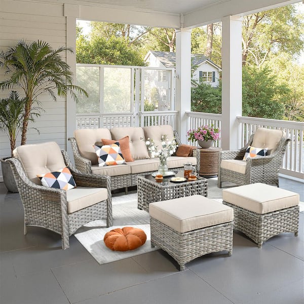 Verona Grey 6-Piece Wicker Modern Outdoor Patio Conversation Sofa Seating Set with Beige Cushions