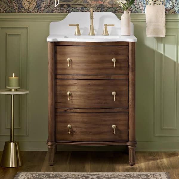 Guildhall 25 in. Single Sink Freestanding Bathroom Vanity in Warm Walnut with White Quartz Top (Assembled)