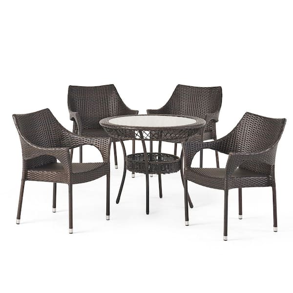 Noble House Mirage Multi Brown 5 Piece Faux Rattan Outdoor Bistro Set 6189 The Home Depot 