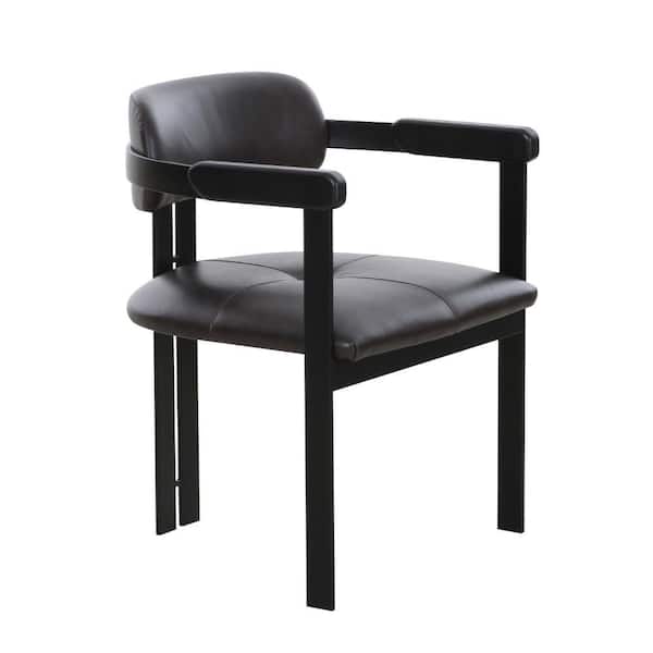 Benjara Brown and Black Leather Wooden Frame Dining Chair