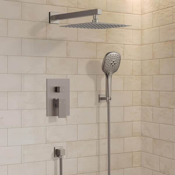 4-Spray 10 in. Dual Wall Mount Shower Head and Handheld Shower Faucet 2.5 GPM in Brushed Nickel Valve Include