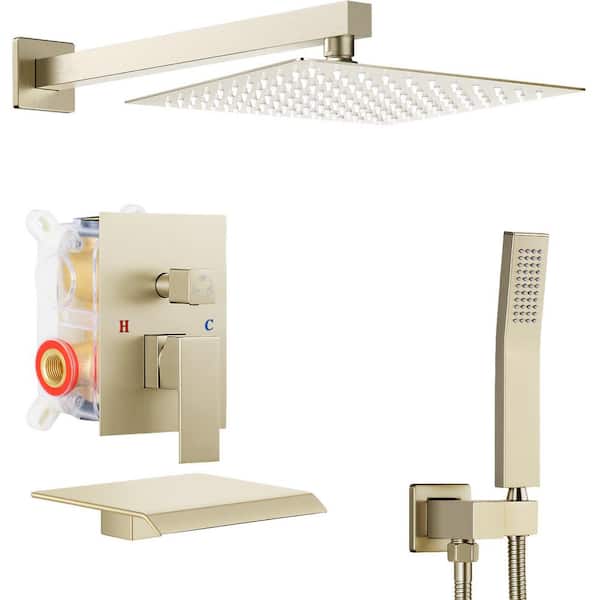 AKLFGN Double Handle 3-Spray Tub and Shower Faucet Shower Combo 10 in. Rain Shower Head 2.5 GPM in. Brushed Gold Valve Included