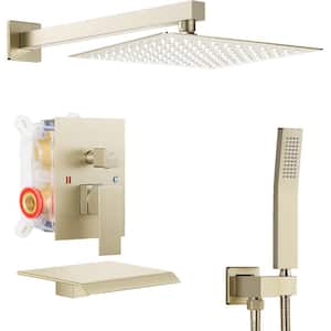Double Handle 3-Spray Tub and Shower Faucet Shower Combo 10 in. Rain Shower Head 2.5 GPM in. Brushed Gold Valve Included