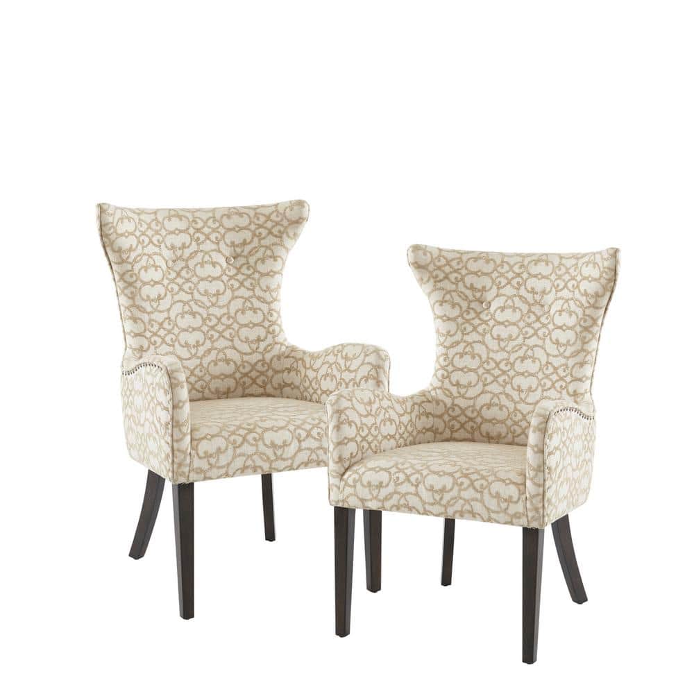 Tan Linen Upholstered Arm Chairs with Wood Legs, Set of 2