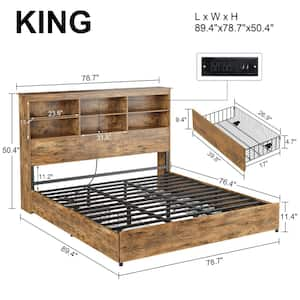 King Bed Frame with Storage Headboard, 4-Drawers, Charging Station and Heavy-Duty Metal Slats, Brown Rustic Platform Bed