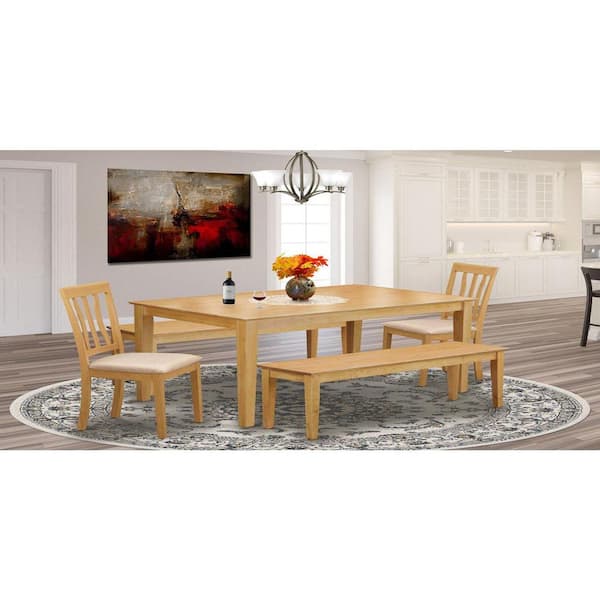 East West Furniture 5-Piece Rectangle Natural Oak Finish Solid Wood Top Dining Table with 2 Benches, 2 Chairs with Lattice Back