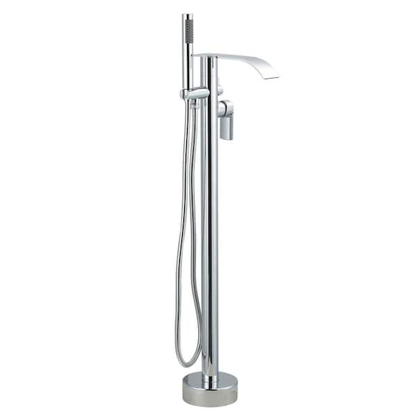 Single-Handle Freestanding Tub Faucet with Hand Shower, Waterfall Floor Mount Bathtub Filler in Polished Chrome