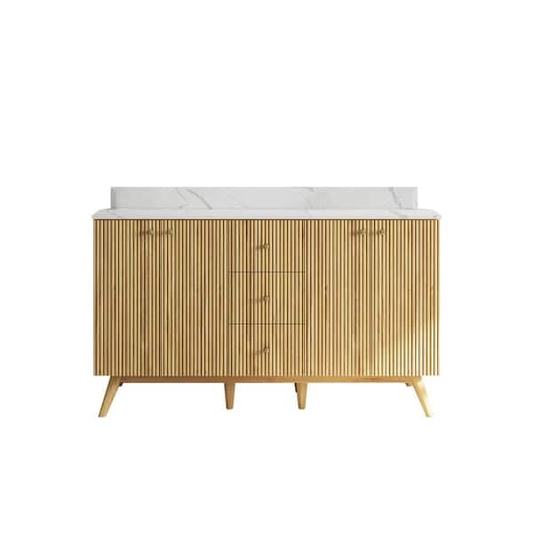 Willow Collections Pasadena Teak 60 in. W x 22 in. D x 36 in. H Double Sink Bath Vanity in Light Teak with 1.5 in. Calacatta Quartz Top