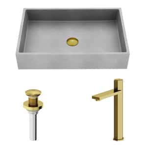 Orvieto Concreto Stone Rectangular Bathroom Vessel Sink with Nova Faucet and Pop-Up Drain and Matte Brushed Gold