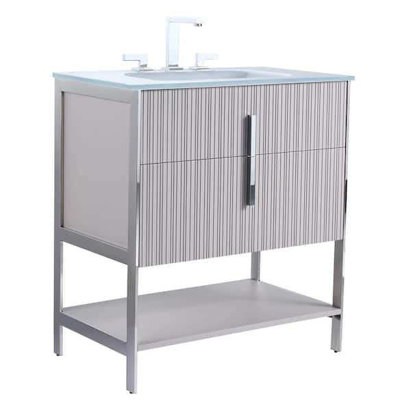 FINE FIXTURES 30 in. W x 18 in. D x 33.5 in. H Bath Vanity in Bright Taupe with Glass Vanity Top in White with Chrome Hardware