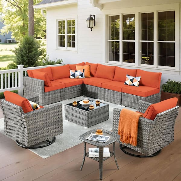 XIZZI Slaurel 10 Pieces Wicker Outdoor Patio and Swivel Rocking Chairs with Orange Red Cushions