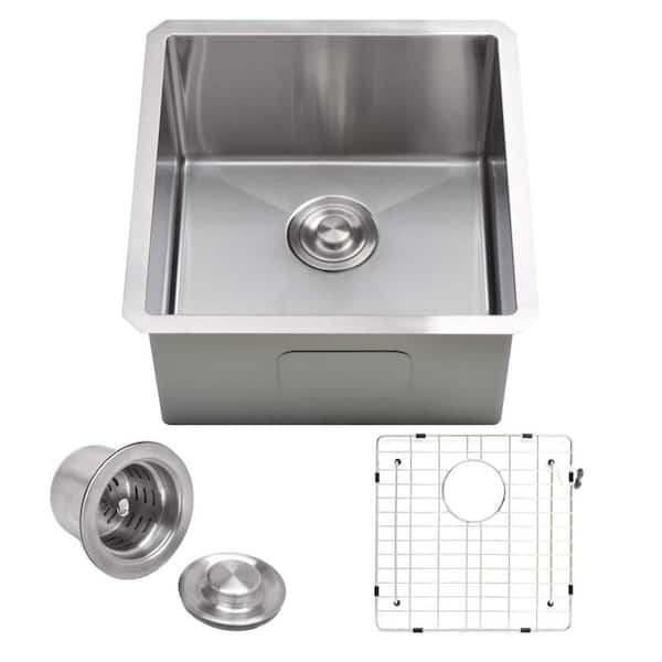 18 in. Undermount Single Bowl 18 Gauge Satin Stainless Steel Bar Prep Sink with Strainer and Bottom Grid