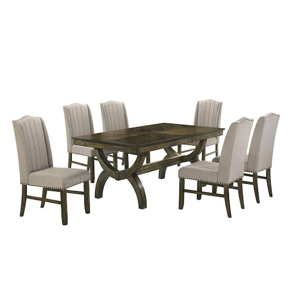 Makoa 7-Piece Antique Brown Wood Dining Set With 6-Beige Upholstered Chairs