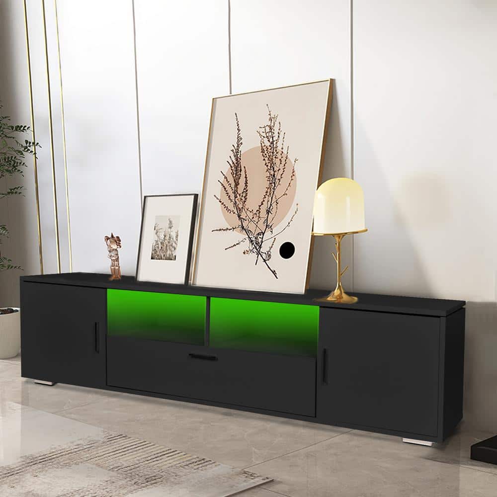 63 in. Black TV Stand Fits TVs up to 75 in. with LED Lights Entertainment 