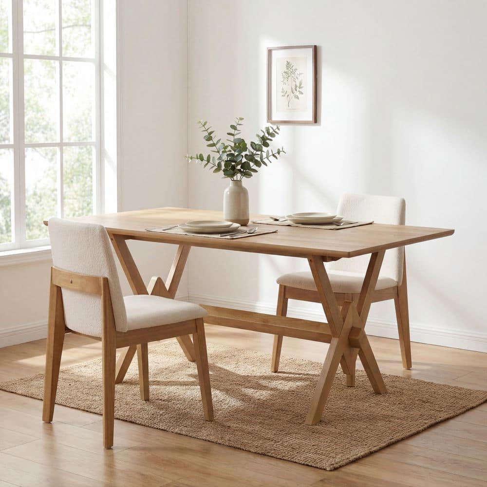 Scandinavian Style Rectangular Natural Wood 35.5 in. Solid Rubberwood Trestle Legs Dining Table Seats 6