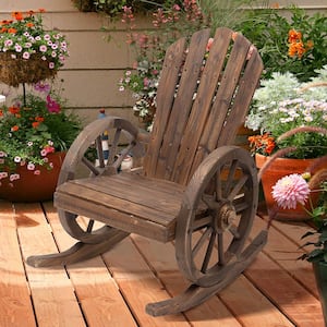 Wood Adirondack Outdoor Rocking Chair with Slatted Design and Oversize Back for Porch, Poolside, or Garden Lounging