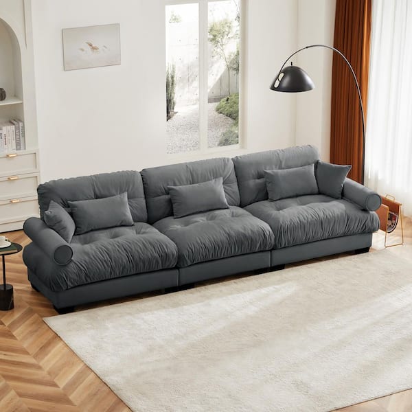 BREAD 130 in. Rolled Arm Velvet 3-Seater Rectangle Cloud Look Sofa with Bolster Armrests and Deep Seats in Charcoal Gray