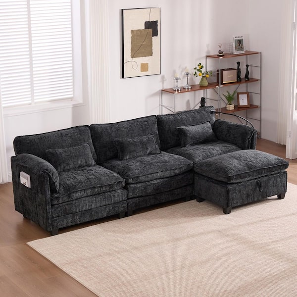 Pure 109.84 in Chenille L Shaped Sectional Sofa in. Black with Movable Storage Ottoman, Phone Holder, USB Charging