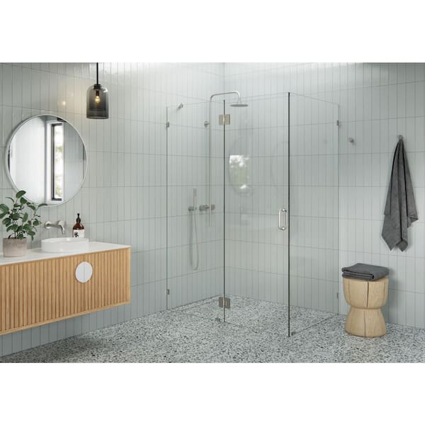 Glass Warehouse 57 in. W x 36 in. D x 78 in. H Pivot Frameless Corner Shower Enclosure in Brushed Nickel Finish with Clear Glass
