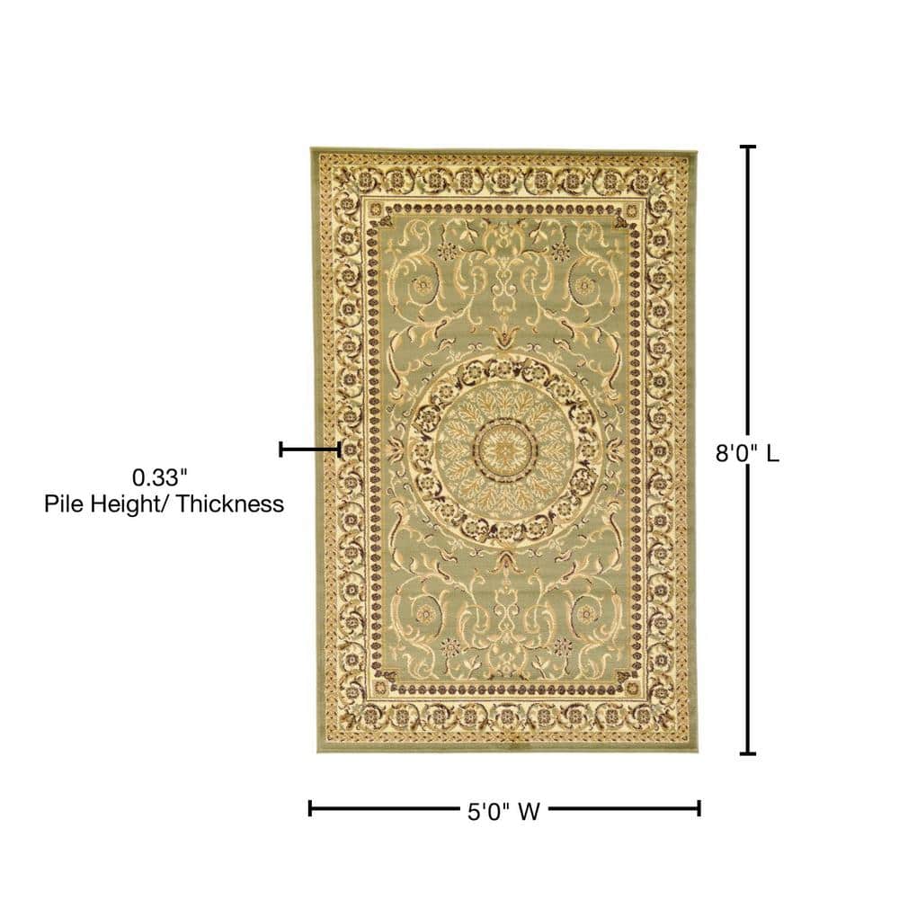 Elegant Green Rectangular Indoor Rug - Stain-Resistant Synthetic 5' x 8'