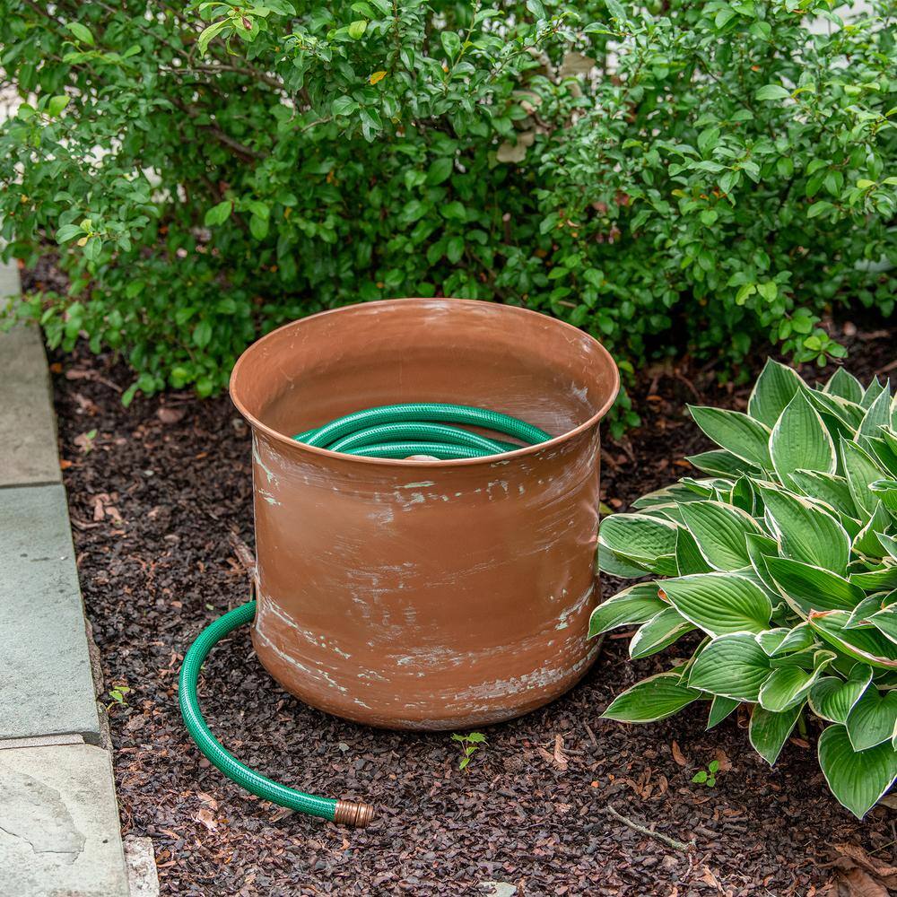 Copper Finish Cylinder Garden Hose Holder with Patina