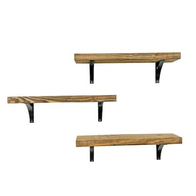 5.5 in. x 24 in. x 7 in. Dark Walnut Pine Wood Floating Decorative Wall Shelves with Brackets (Set of 3)