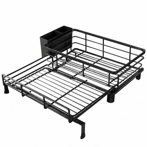 Extendable Large Stainless Steel Dish Drying Rack with Utensil Holder and Drainage for Kitchen Sink