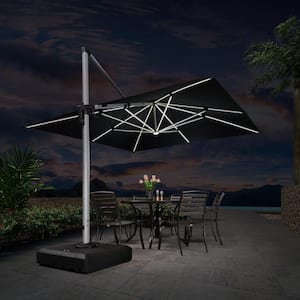 11 ft. Square Aluminum Solar Powered LED Patio Cantilever Offset Umbrella with Stand, Black