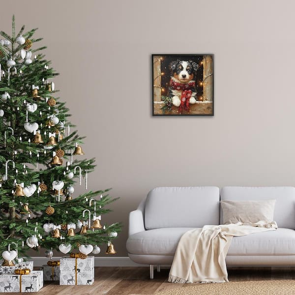 Snowy Christmas Lights Puppy by Riley B Black Framed Animal Giclee Art Print 24 in. x 24 in.