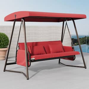 93.8 in. W 3-Person Metal Patio Swing Chair Swing Bed with Red Cushion and Adjustable Canopy