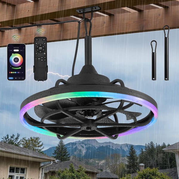20 in. Outdoor RGB Waterproof Black Dimmable Plug in Downrod Mount Ceiling Fans with Light, Remote&APP Control for Patio