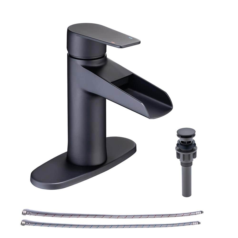 RAINLEX Waterfall Single-Handle Single Hole Low-Arc Bathroom Faucet with Deckplate and Drain Kit Included in Matte Black