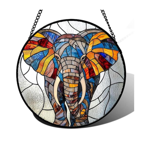 Silver Colorful Elephant Stained Glass Window Hanging YYD6-258