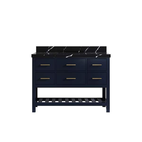 Willow Collections Parker 48 in. Single Sink Freestanding Navy Blue Bath Vanity with Calacatta Black Qt. Top Unassembled