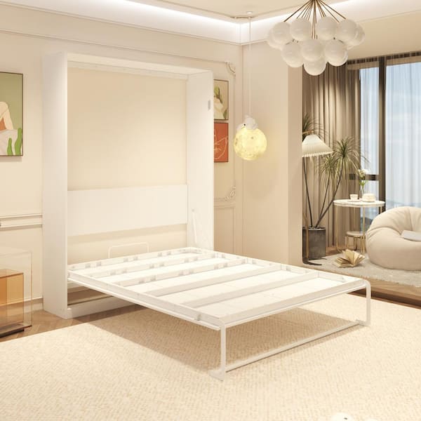 White Wood Frame Queen Size Bed Murphy Panel Bed, Wardrobe Shaped Hidden Bed, Pull Down to Expand