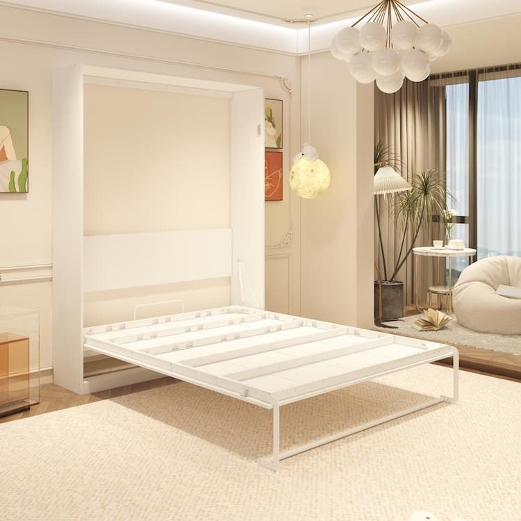 FUFU&GAGA White Wood Frame Queen Size Bed Murphy Panel Bed, Wardrobe Shaped Hidden Bed, Pull Down to Expand