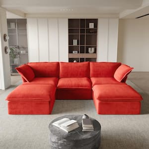 123 in. Modern Rounded Arm 5-Piece Velvet U Shaped Reversible Sectional Sofa in Red w/ Pillows and Ottomans