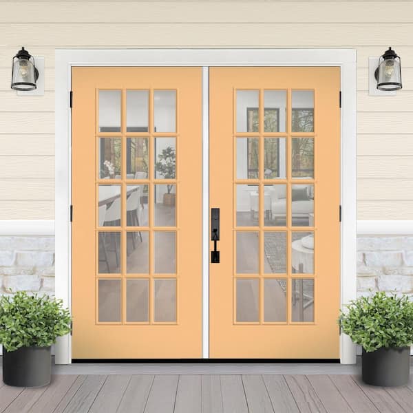 Reliant 64 in. x 80 in. Full Lite 15L Clear Glass LHOS Jackfruit Finish Fiberglass Double Prehung Front Door 6 in. Jamb