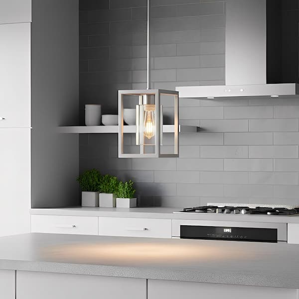 YANSUN 1-Light Brushed Nickel Kitchen Island Pendant Light with Down Rod Hanging Light Fixture with Clear Glass Shade