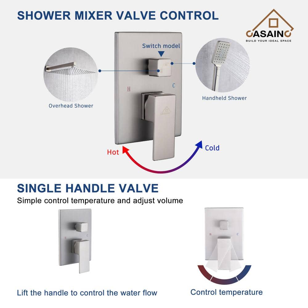 Brushed Nickel Wall Mounted Multi-head Shower System with Handheld and Rain Shower