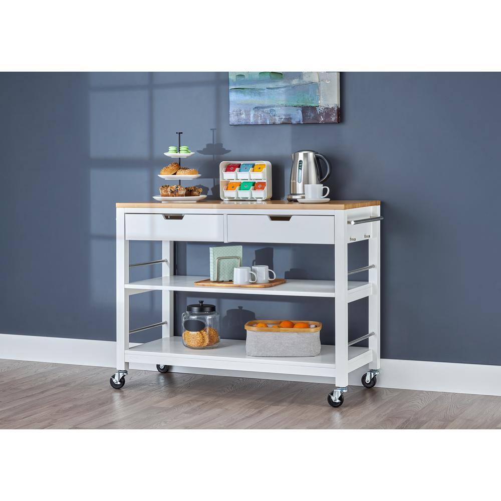 Sleek 48" White Rubberwood Kitchen Island with Stainless Steel Accents