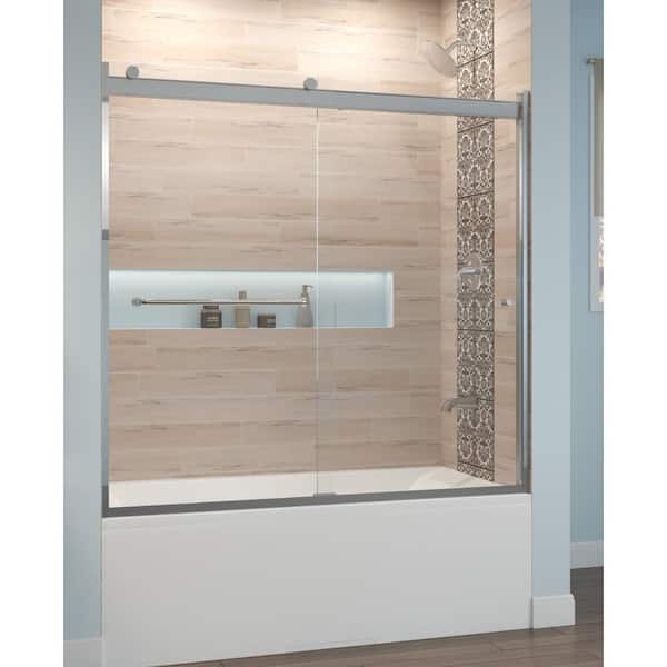 Basco Rotolo 60 in. x 57 in. Semi-Frameless Sliding Tub Door in Chrome with Handle