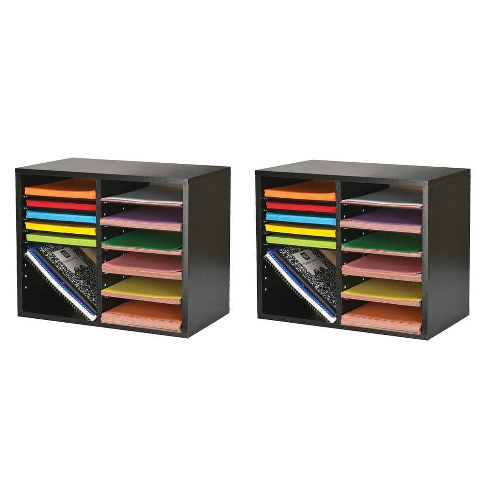 12 Compartment Wood Adjustable File Cabinet Literature Organizer, Black (2-