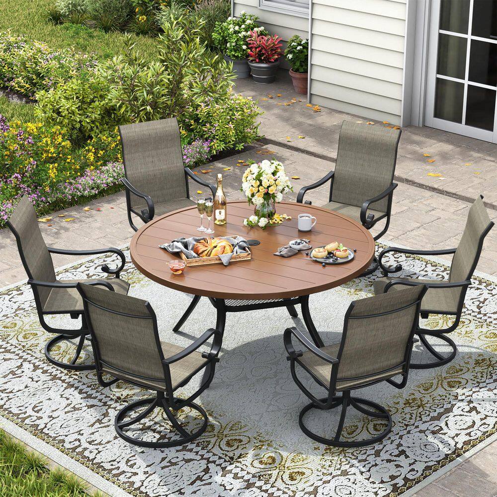 7-Piece Metal Patio Dining Set with 47.2 in. Walnut Round Dining Table and 6 Brown Textilene Swivel Chairs price history on PriceWatchPro