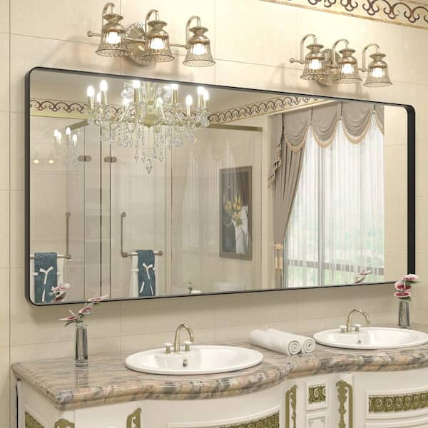 Apmir 72 in. W x 32 in. H Rectangular Aluminum Alloy Framed and Tempered Glass Wall Bathroom Vanity Mirror in Matte Black