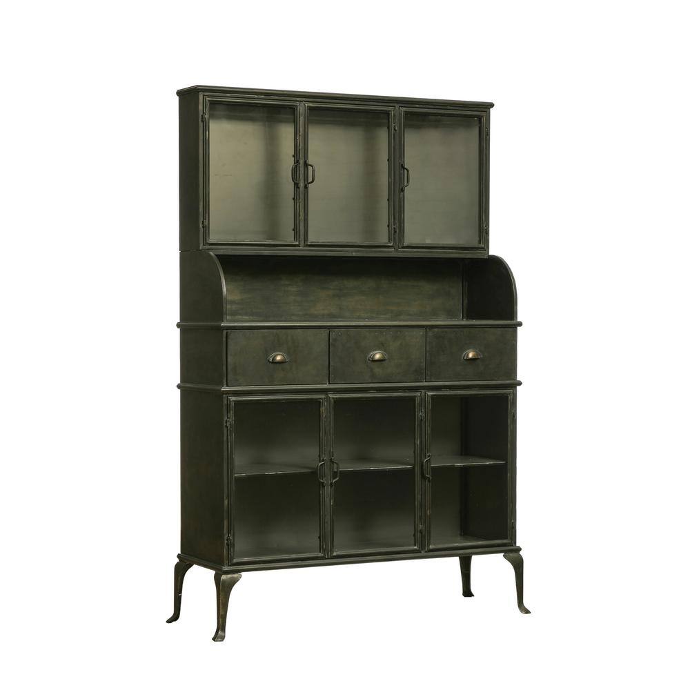 Storied Home Metal Storage Cabinet Black: Elegant Glass Doors, Geometric Hutch Design, Durable Iron Frame