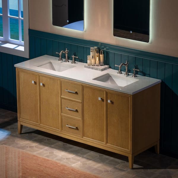 61 in. W x 22 in. D Double Sink Freestanding Bath Vanity in Natural Oak w/ Carrara White Engineered Stone Vanity Top